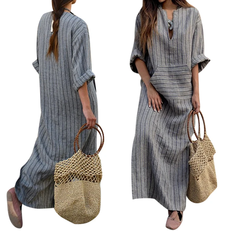 Women's Long Sleeve Cotton Linen Dress Ladies Striped Casual Party Holiday Dress