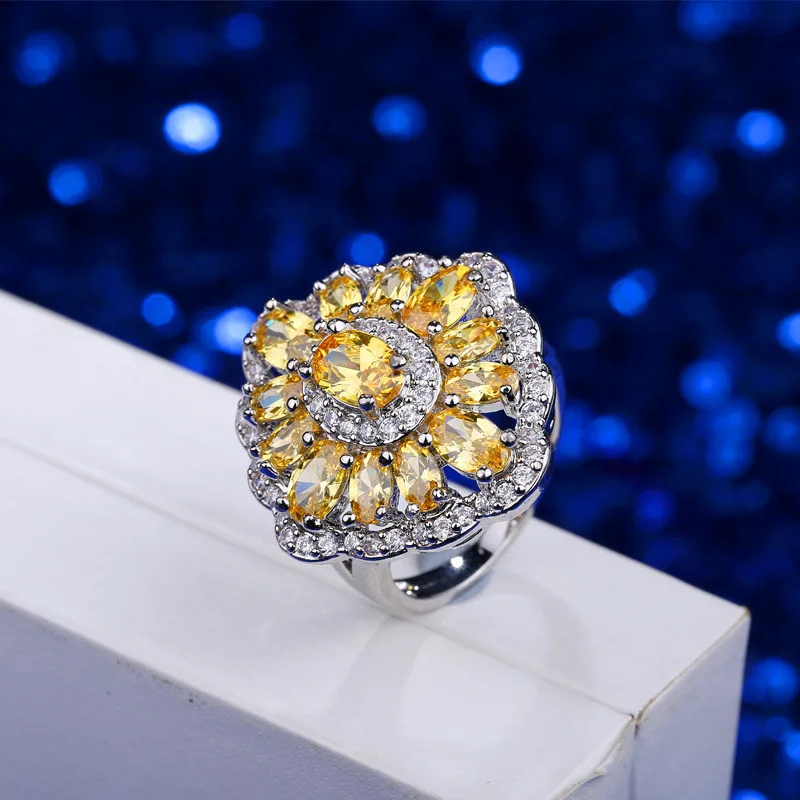 

Bilincolor Fasion Big Yellow Zircon Flower Charming Ring for Party for Women
