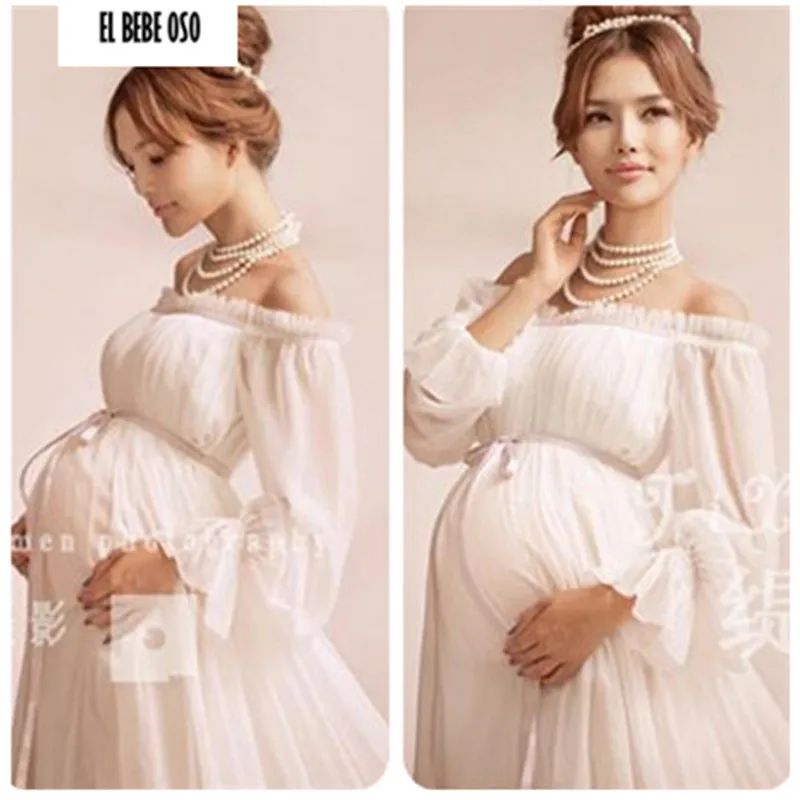 

Hot Style Chiffon White Long Pregnancy Dresses Pregnant Photography Props Long Sleeve Maxi Dress Maternity Photo Shoot Gown