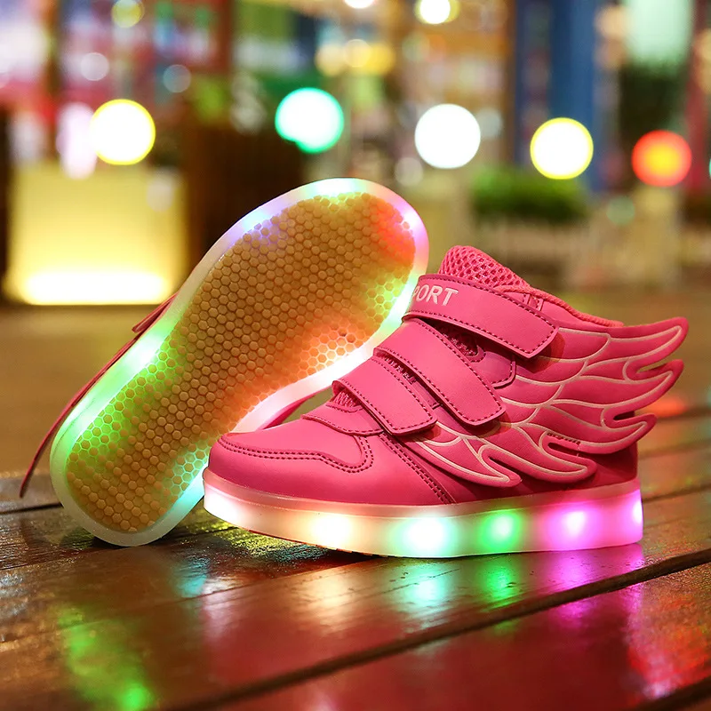 Модные Крылья световой детская обувь со светом мальчики девочки Повседневное Спорт Обувь со светодиодной подсветкой детские высокие Детей Загораются кроссовки