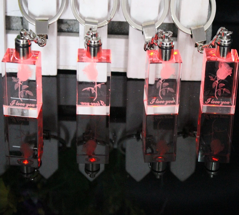 

Free shipping 5pcs/lot Red color LED crystal keychain 3D rose flower laser engraving metal keychain ,customized logo