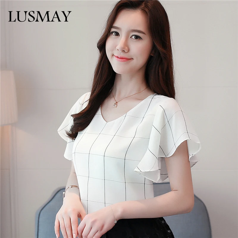 

Summer New Small Fresh Womens Blouse White Plaid Lotus Leaf Sleeves Chiffon Shirt Casual Streetwear Fashion Tops And Blouses
