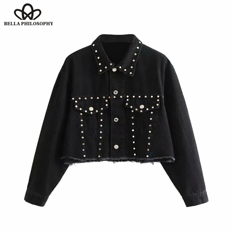 Wonder 2018 Pockets Rivet Rocky Cropped Denim Jacket Coat Lapel Collar Frayed Short Outerwear A line Skirt  Casaco Femme sets