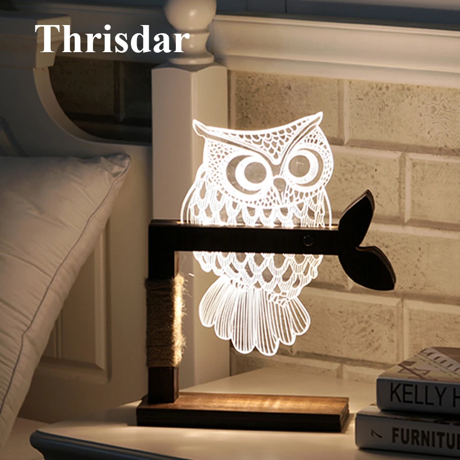 

Thrisdar Dimmable Acrylic 3D Owl LED Night Light 3D Vision Stereo Bedroom Bedside Table Lamps Best Christmas Birthday Gift