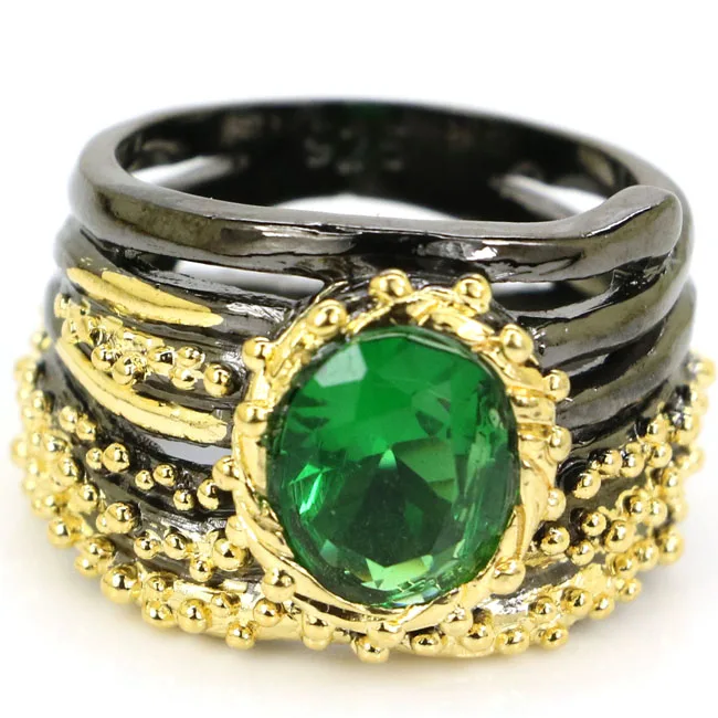 

7.75# Sublime Antique Vintage Green Emerald Woman's Black Gold 925 Silver Ring 23x15mm