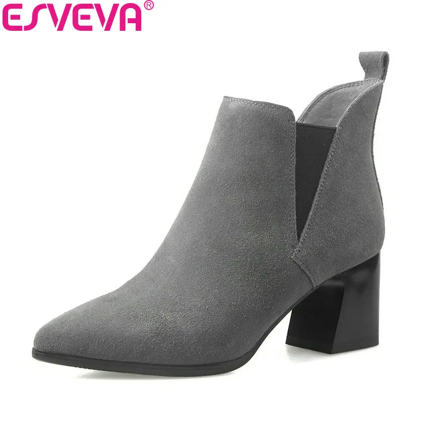 

ESVEVA 2019 Women Boots Shoes Sweet Style Ankle Boots Square High Heels Pointed Toe Woman Boots Elastic Band Shoes Size 34-39