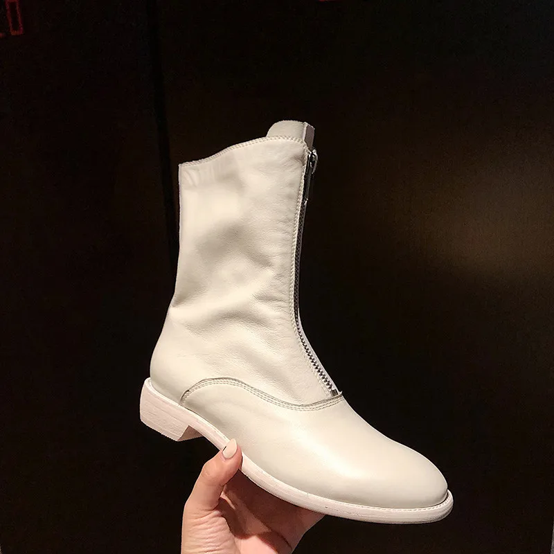 

YMECHIC Fashion Front Zip Booties Women Genuine Cow Leather Black Womens Ankle Boots Autumn Winter Chunky Heels Women Shoes 2019