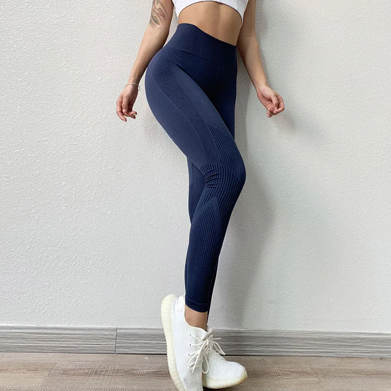 Женские штаны для йоги с высокой талией, спортивная одежда для бега, эластичные леггинсы для фитнеса, бесшовные компрессионные колготки для тренажерного зала - Цвет: Navy