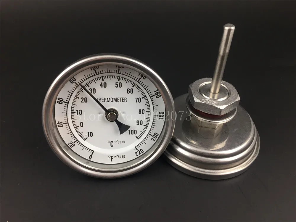 

Weldless Bi-metal Thermometer With Nut Kit, 3"Face & 2"Probe, 1/2"MNPT, 0~220F degree, Beer Brewing Thermometer, Homebrew Kettle