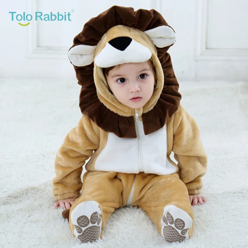 Baby Cartoon Rompers Newborn Hooded Toddler Clothing Boys Girls Minions Animal Jumpsuit Playsuit Costume Flannel Baby Rompers - Цвет: Lion