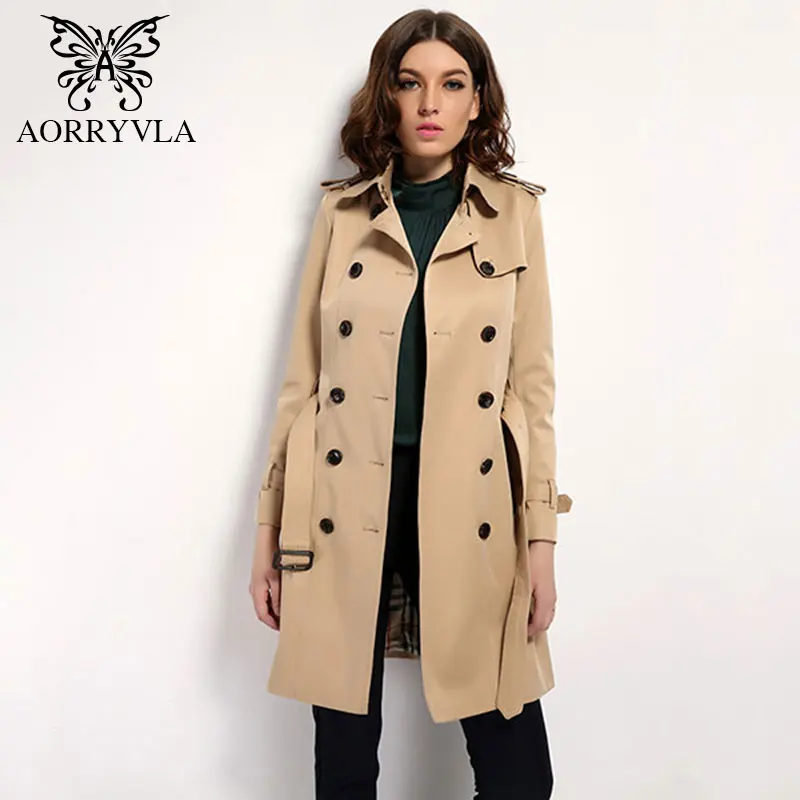 AORRYVLA Классический двубортный плащи для женщин весна-осень новая мода Улица регулируемый пояс отложным воротником длинным женский пальто качесттво высокой