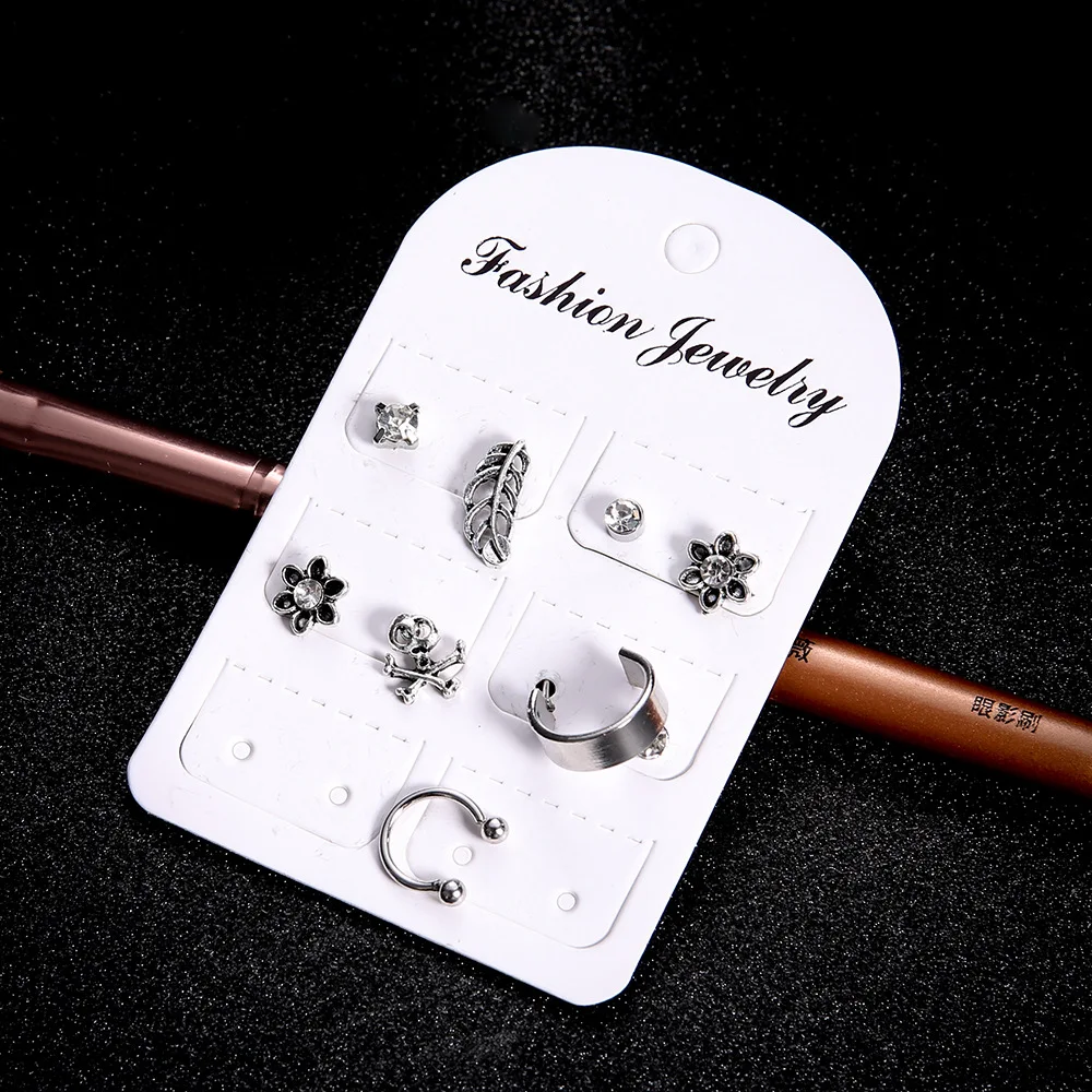 

9 pieces/set Stud Earrings Set Crystal Skull Hollow Leaf Feather Rhinestone Flower Earring Ear Circle Cuff Women Vintage Jewelry