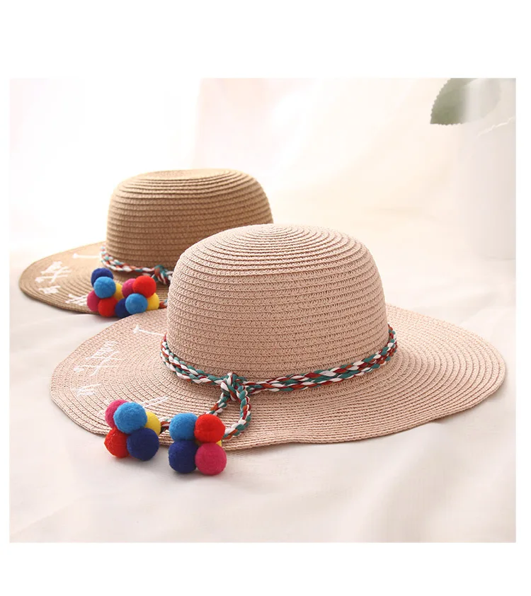 USPOP Новая женская летняя соломенная шляпа с буквенным принтом и широкими полями, пляжная шляпа, Повседневная Соломенная шляпа ручной работы с помпоном