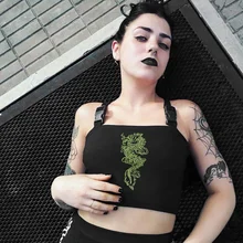 2019 Summer Fashion Buckle Black Dragon Embroidery Tank Top Women Cropped Streetwear Sexy Crop Top Women Tank Tops Bralette black long sleeves rose embroidery pattern cropped top
