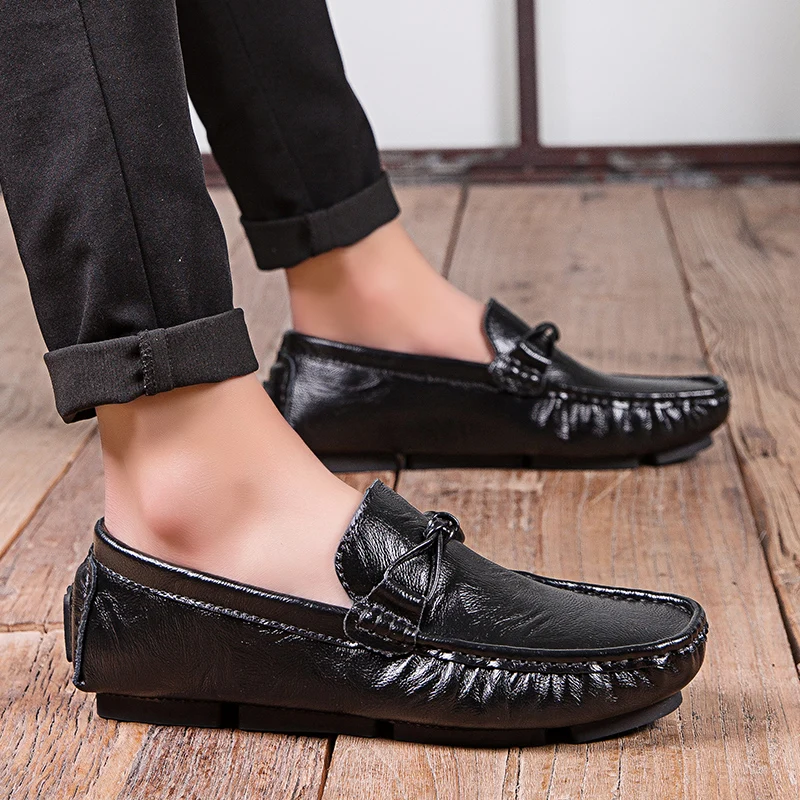 Мужские мокасины большого размера; повседневные мягкие дышащие туфли из натуральной кожи в британском стиле; Цвет Черный
