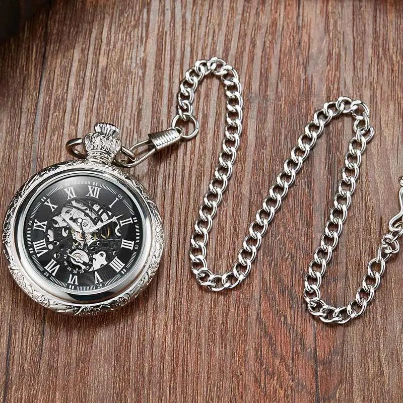 Винтаж серебряные короны дизайн резные полые номер с циферблатом механический карманные часы для мужчин цепи уникальный стимпанк
