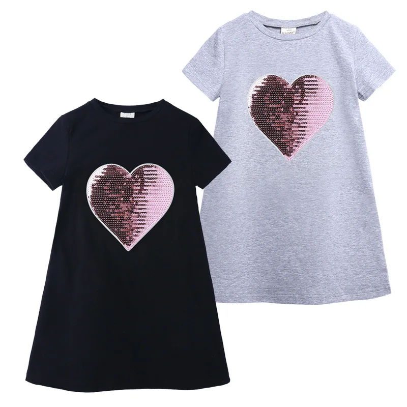 kid girls dress black gray short sleeve a-line love heart sequined summer dresses 2019 kids girl costume 2-7 years brief style