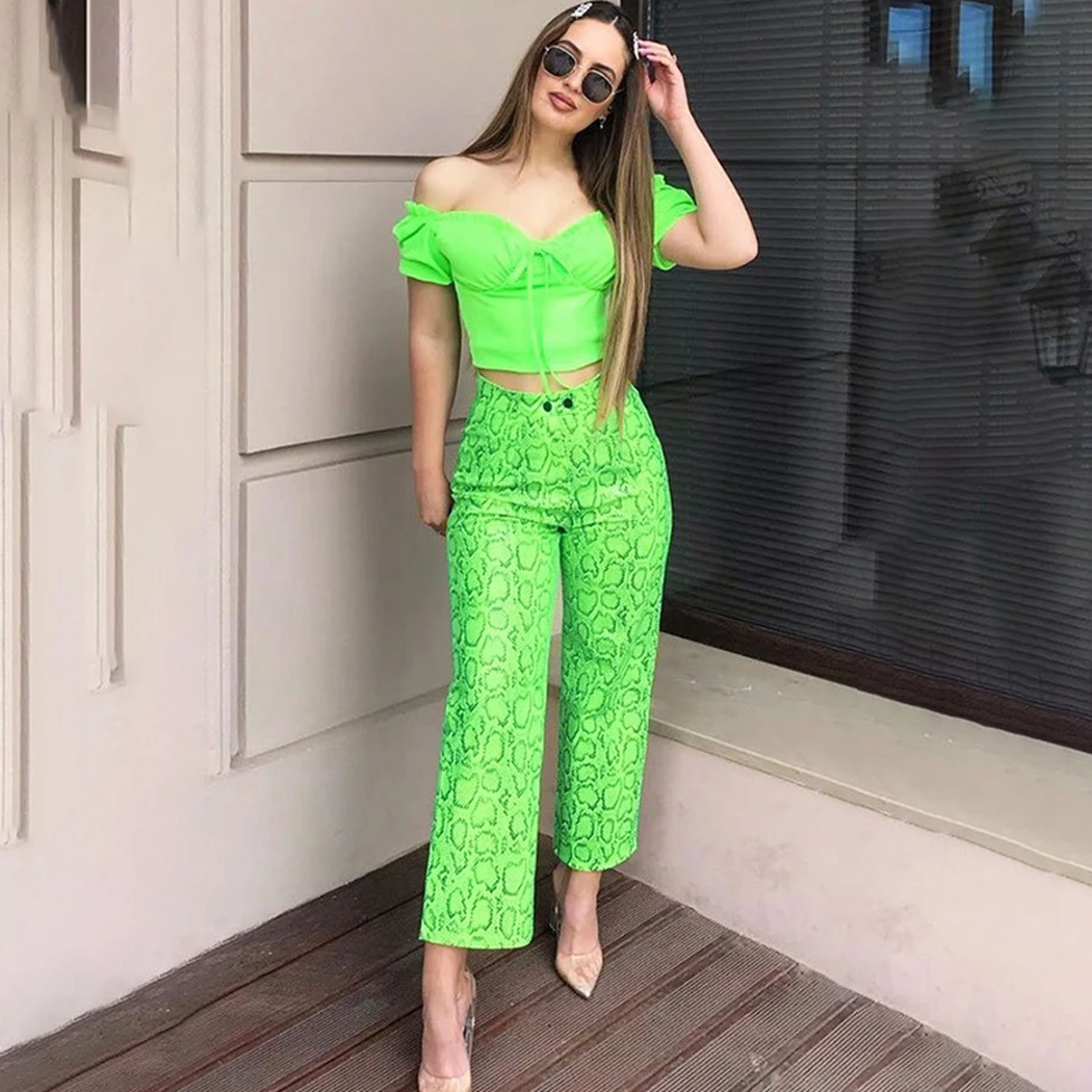 

Neon Green Snake Print Pants Women 2019 Fashion High Waist Slim Long Pants Vintage Office Ladies Trousers Pantalon Femme