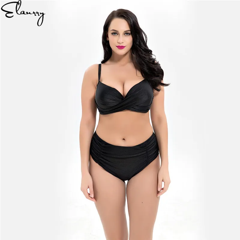 Women Plus Size Bikini Set High Waisted Sexy Solid Swimsuit Push Up Big Chest Swimwear Ladies Summer Bathing Suit 2018 Mujer