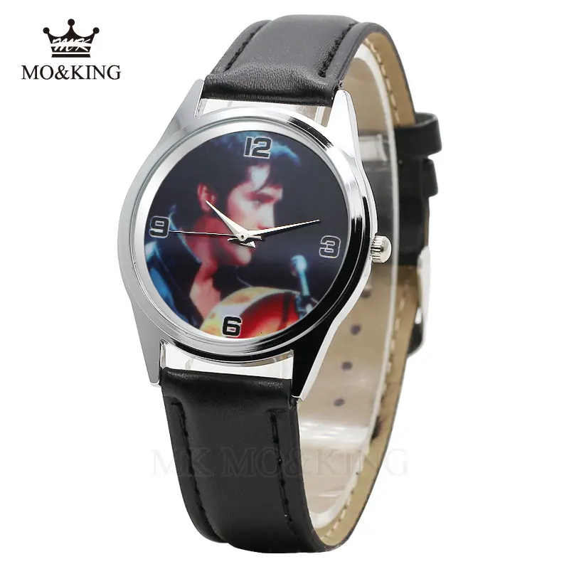 Новые модные наручные часы Элвиса Пресли для начальной и средней школы, детские часы с черным кожаным ремешком и цветным рисунком