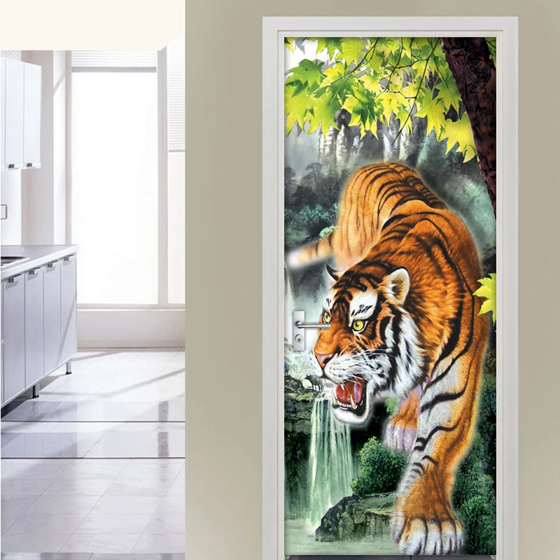 Papel de parede 3d para porta, decoração caseira, estéreo, tigre, animal,  sala de estar, cozinha, à prova d'água, vinil, mural de portas, pasta