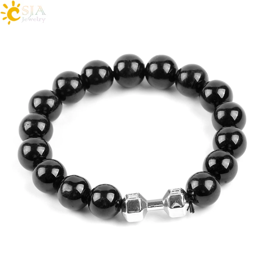 

CSJA Black Onyx Charm Strand Bracelets 10mm Howlite Natural Gem Stone Beads Mala Bracelet Gold Color Dumbbell Gym Jewelry E137
