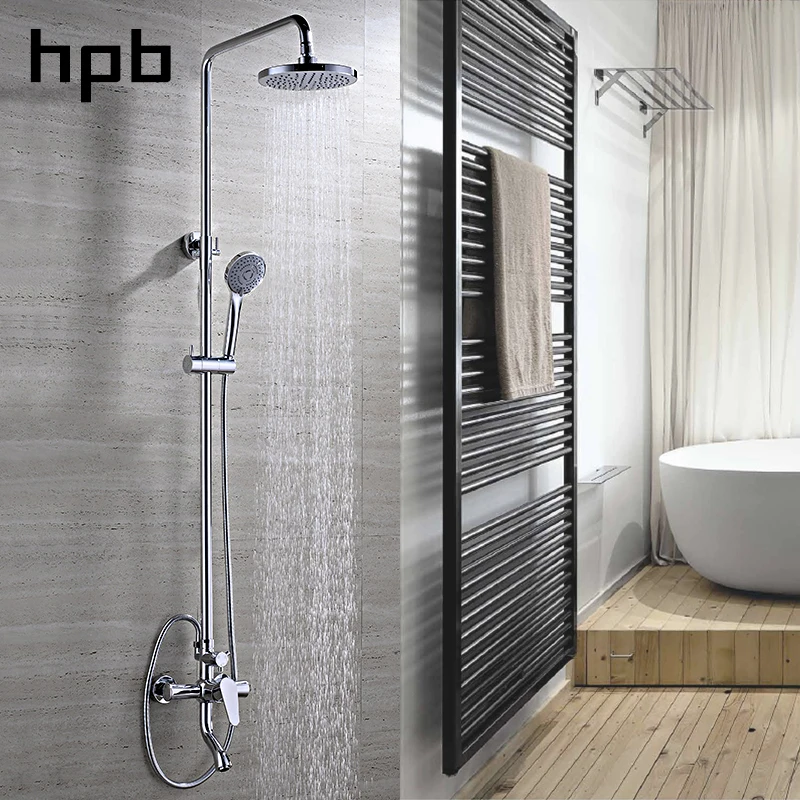 

HPB 8 inch round chrome polished bathroom rainfall shower head sets rotatable lifting cold and hot shower faucets DR1A03
