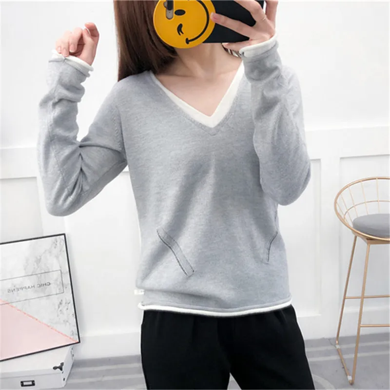 LHZSYY Spring Autumn New Women's V-Neck Cashmere sweater Fashion Stitching Bottoming Shirt Knit Pullover Wool Wild Warm Sweater