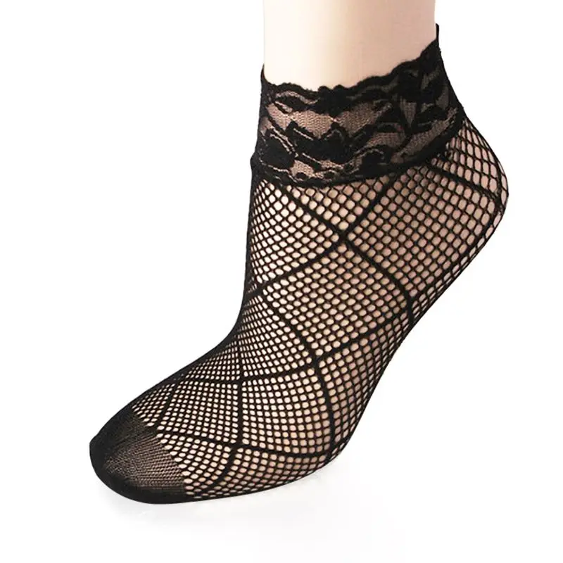 KLV, женские сексуальные летние короткие носки-башмачки выше лодыжки, сетчатые черные кружевные лоскутные носки с цветочным узором, верх из нейлона