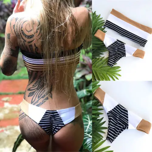 

Women Push-up Padded Bra Bandage Hollow Out Strapless Strip Print Bikini Set Swimsuit Triangle Swimwear Bathing