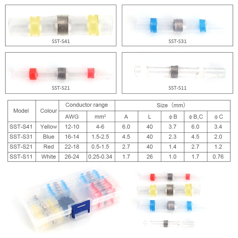  100PCS Waterproof Heat Shrink Butt Wire Connectors Solder Connectors  Assorted Set  Used For Sealing And Soldering Cables  (4)