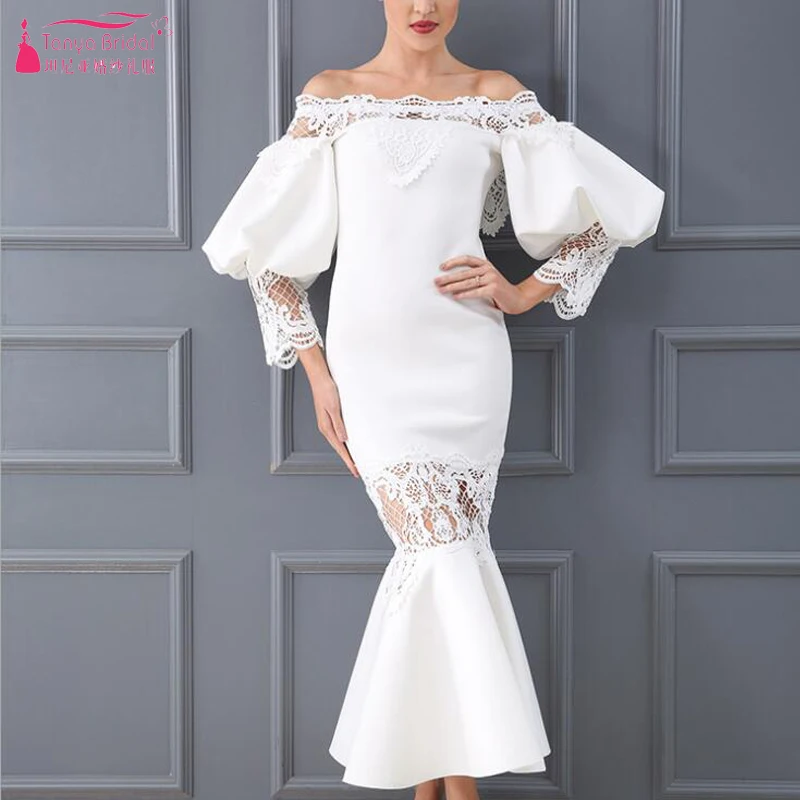 

White Tea-Length Homecoming Dresses 2018 Half Sleeve Boat Neck Cocktail Party Gowns Special Occasion Wear ZHM030