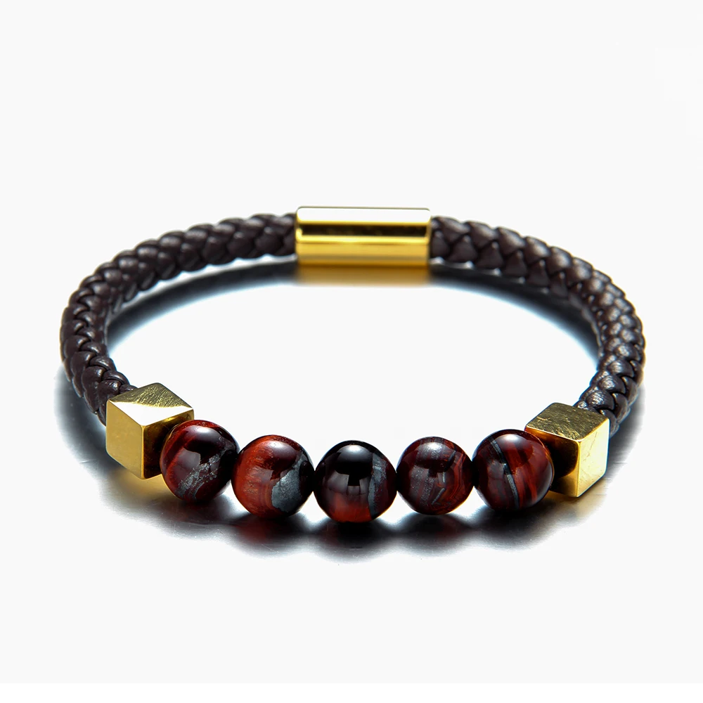 HMSFELY Fashion Men Real Leather Rope Stone Beaded Black Brown Bracelets Stainless Steel Gold Beads Magnetic Bracelet For Men
