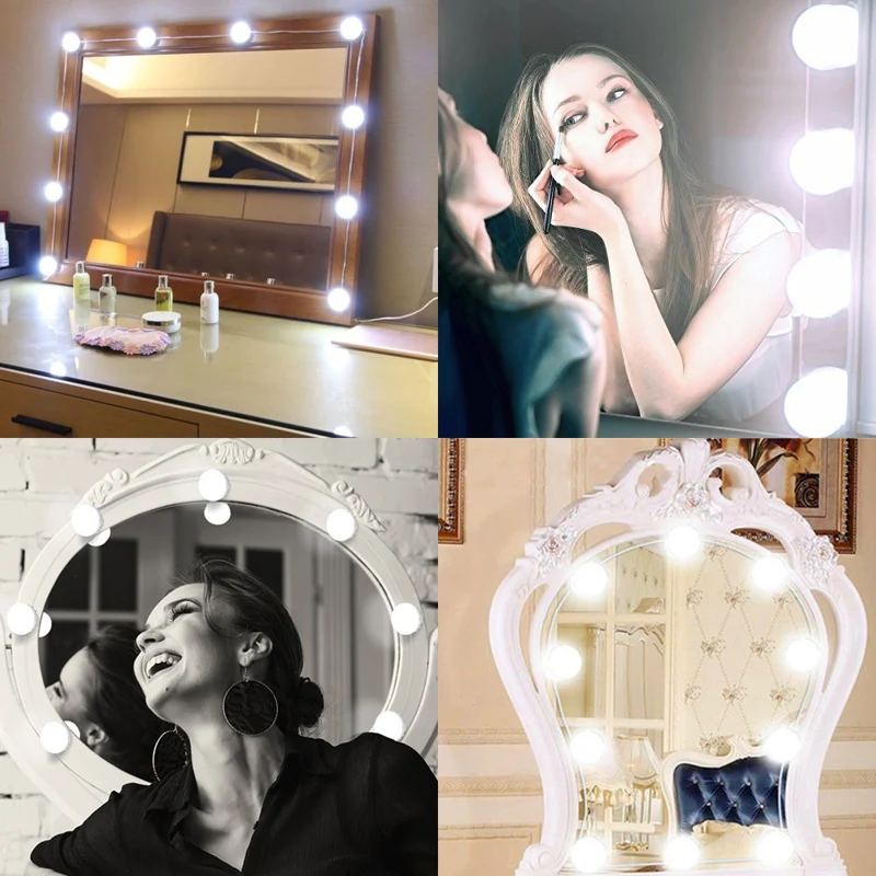 EU US Plug Makeup Mirror Hollywood Vanity LED Bulb Stepless Dimmable Touch Plug In Wall Lamps 10 Bulb DIY White Light Waterproof (5)