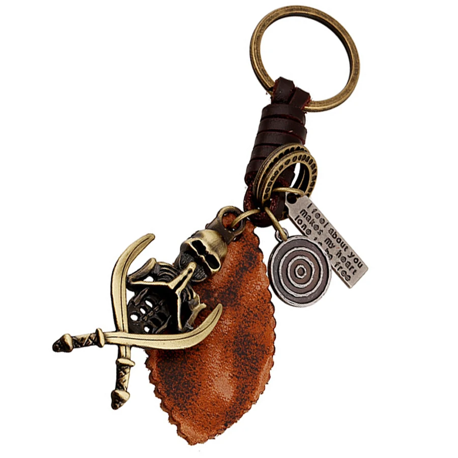 Charm Skeleton Pendant Keychain Women Men Genuine Leather Skull Car Key Chain Ring Holder Creative Bag Punk Jewelry Gift FY039 | Украшения