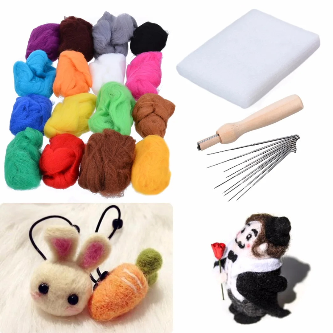 

20 Colors Wool Felt + Felting Handle + Tube + Finger Cots + Eye Accessories with 7pcs Needles Starter Tool Kit