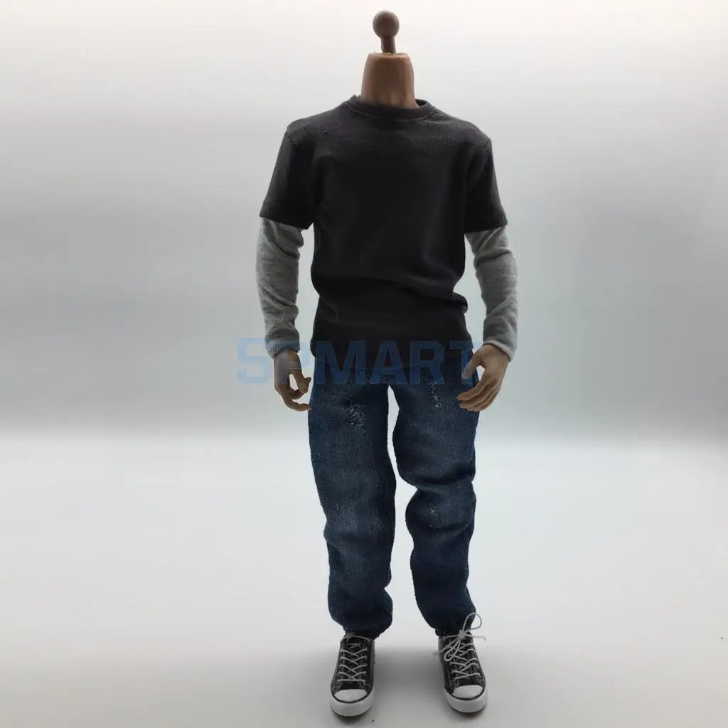 1:6 Scale Action Figure Outfit Clothing Dark Gray R-Neck Long T-shirt Shirt 