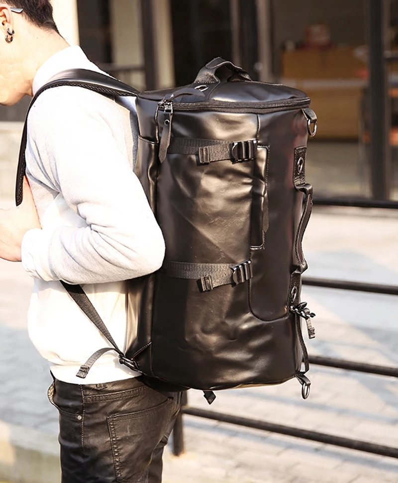 Мужская черная кожаная сумка для тренажерного зала, фитнеса, PU спортивный рюкзак-ведро, большая тренировочная сумка на плечо, мягкая цилиндрическая сумка для путешествий