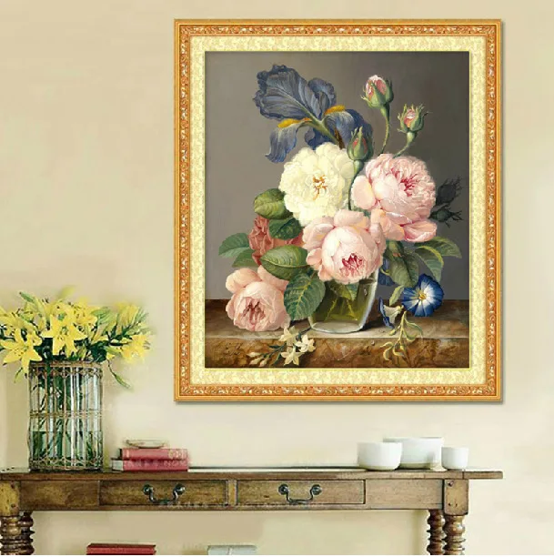 

diamond mosaic picture crystals paintings 5d rhinestones needlework round diamond pasted embroidery Retro vase flowers home deco