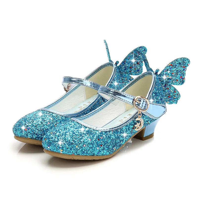 Модные детские туфли принцессы с блестками; туфли на высоком каблуке для девочек; вечерние туфли с крыльями бабочки; танцевальные туфли для девочек; цвет золотой, розовый; 26-36; C535