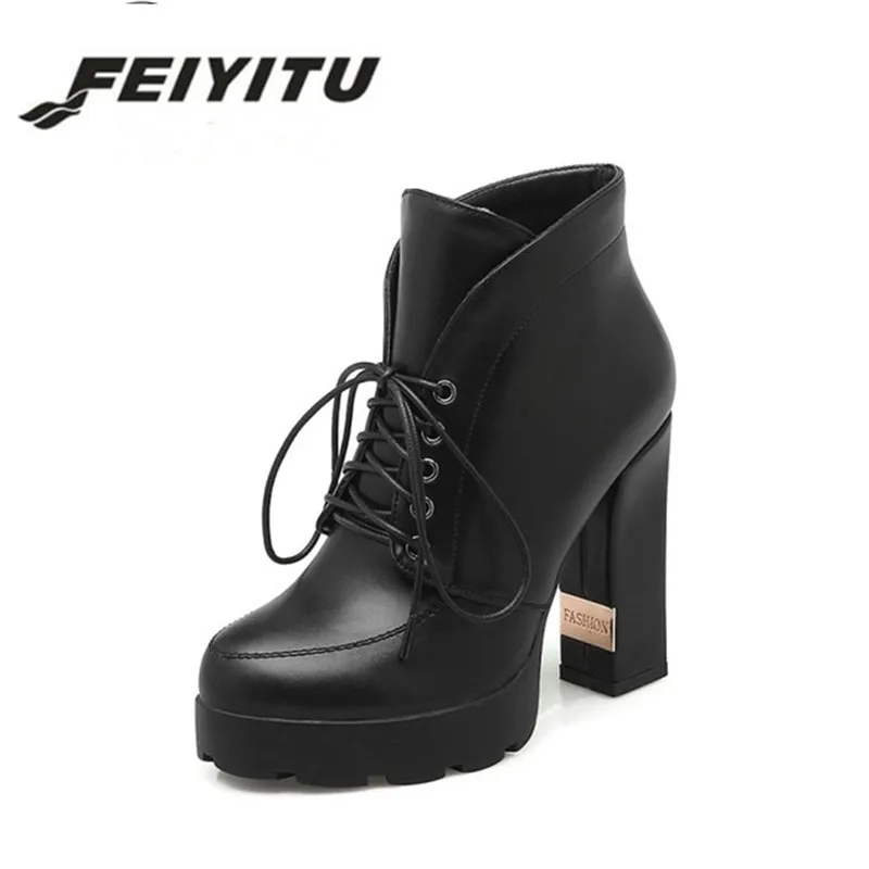 

feiyitu 2018 Fashion Spring Autum Ankle Boots Lace-Up Platform Super High Square Heel Woman Shoes Large Size 34-43