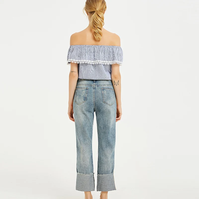 Women Blouses 2019 Streetwear Blue Slash Neck Ruffles Print Ladies Shirts Short Sleeve Women's Tops