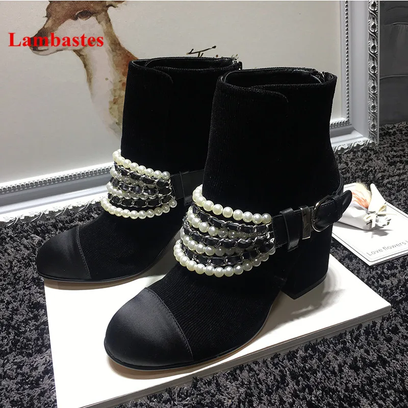 

2018 Hot Botas Mujer Round Toe Pearl Meatal Decoration Buckle Zipper Ankle Women Boots High Heel Flock Shoes Women Bota Femenina