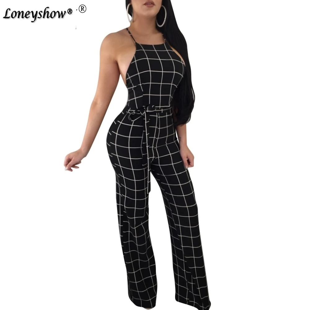 

2018 Grid Crisscross Back Tied Waist Flared Jumpsuit White Black Plaid Long Pants Women Casual Ropmers Sexy Backless Overalls