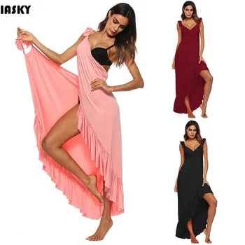 

Iasky Bikini Cover Ups Sexy Women Ruffles Swimsuit Bathing Suit Cover Up Wrap Beach Long Dress Kaftan Robe De Plage