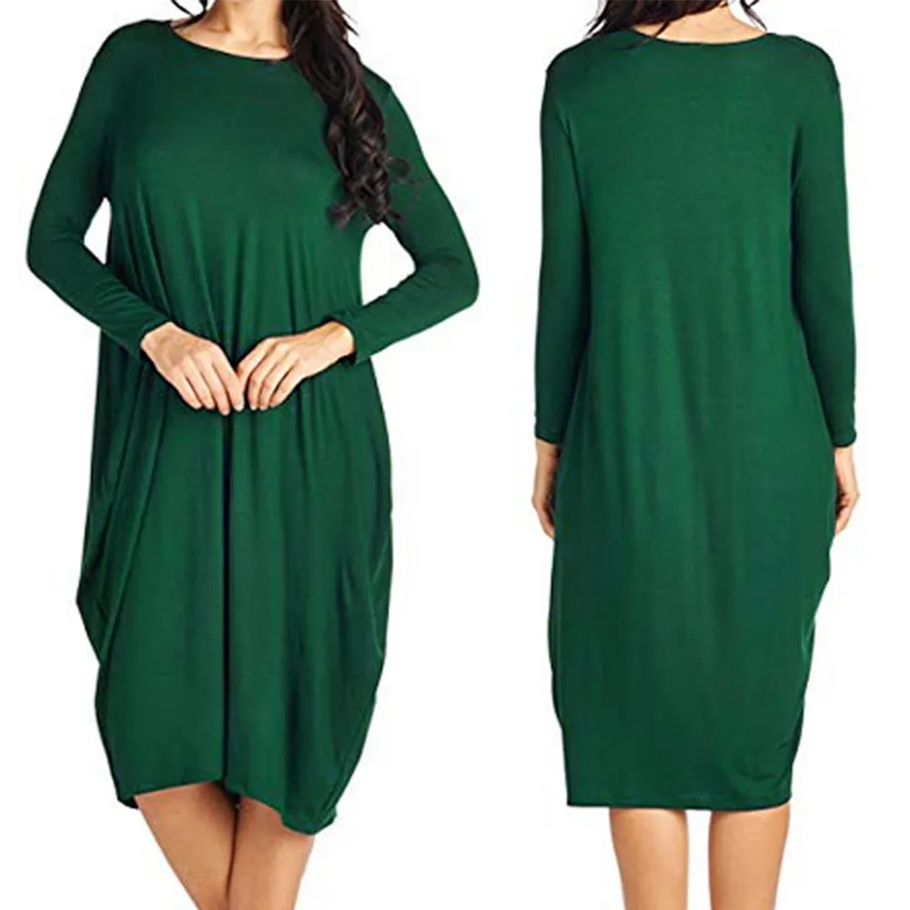 

Dropshipping Print Boho Beach Autumn Winter Solid O-Neck Long Sleeve Loose O-Neck Mid-Calf Dress Women Multiway Convertible