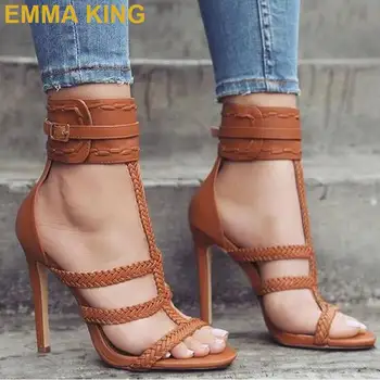 

2019 Fashion T-bar Black/Khaki Leather Gladiator Sandals Ankle Buckle Women High Heels Summer Shoes Plus Size 35-43 Drop Ship