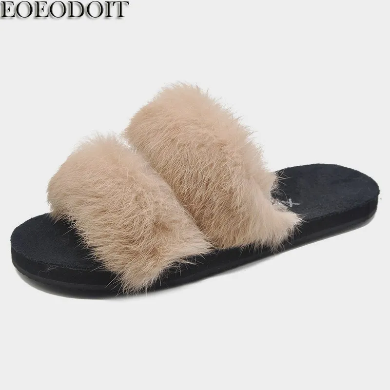

EOEODOIT Women Real Fur Slippers Flat Heel Plush Fur Soft Autumn Winter Home Outside All Match Shoes Open Toe Slip Resistance