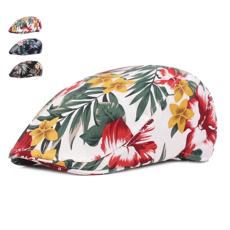 

Spring Summer Beret Hats For Men Women Casual Cotton Berets Gorras Planas Boinas Floral Print Flat Cap Adjustable Male Berets