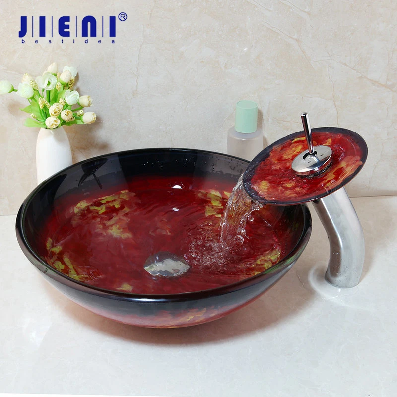 Двухслойная раковина JIENI из красного мрамора закаленного стекла смеситель для